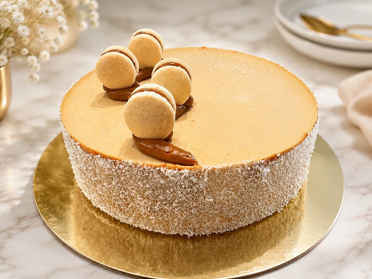 Dulce de leche cake topped with alfajor cookies